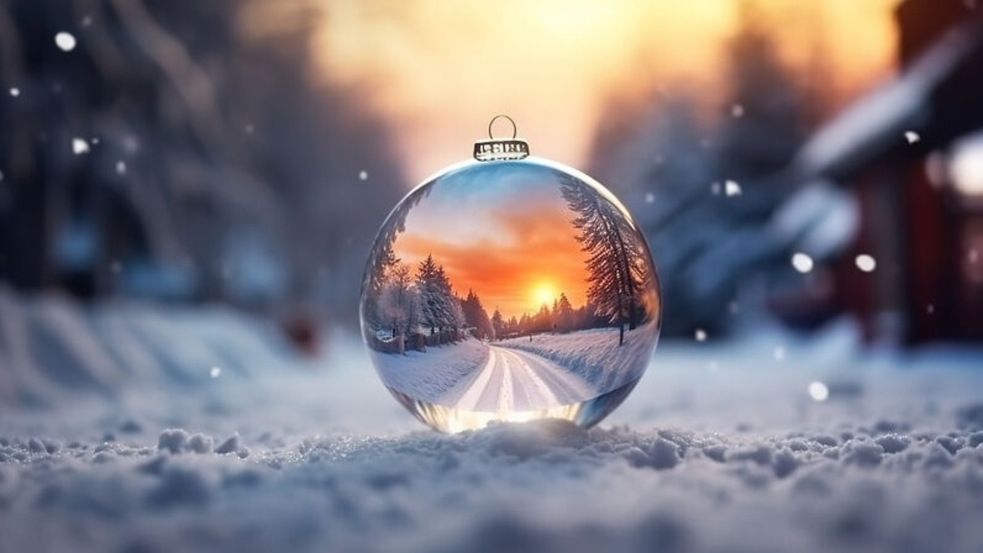 Ein Glasornament ruht auf verschneitem Boden und spiegelt eine Winterszene mit einer schneebedeckten Straße, Bäumen und einem leuchtenden Sonnenuntergangshimmel wider, während um es herum leichter Schnee fällt.
